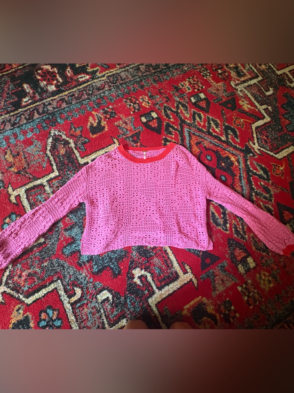 Free People Pink Open-Weave Crewneck Sweater with Red Trim